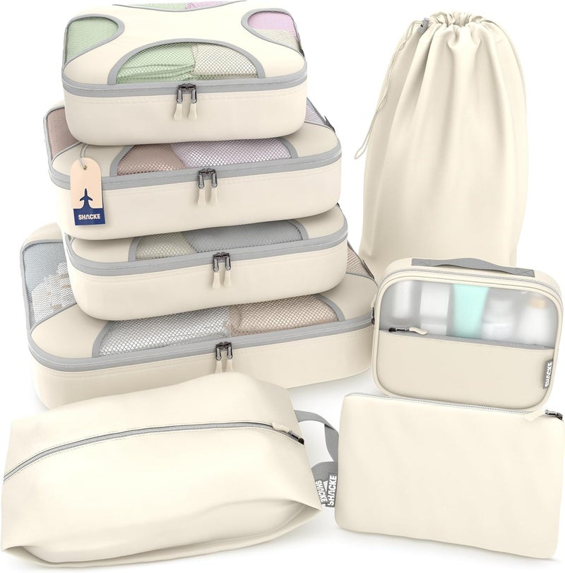Shacke 8 Set Packing Cubes for Travel – Complete Luggage Organizer Set with Laundry, Shoe, Toiletry & Accessories Bag, Suitcase Travel Organizer (Sand) | Complete suitcase organizer bags set: 4 luggage packing cubes + laundry, shoe, toiletry & accessories bags for any trip - Image 1