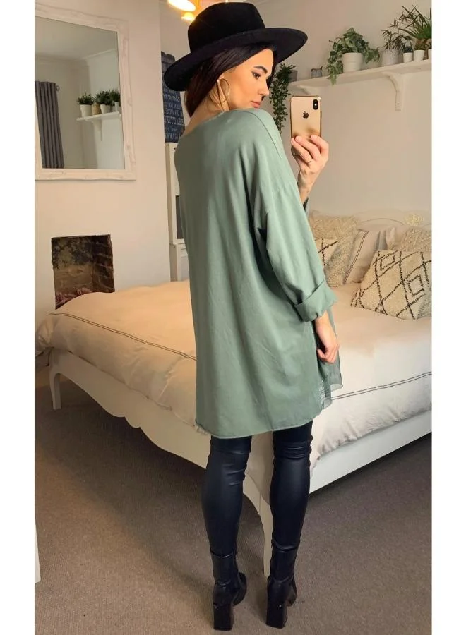 Hoxton Gal Oversized Top Featuring Sequin Star Print in Khaki