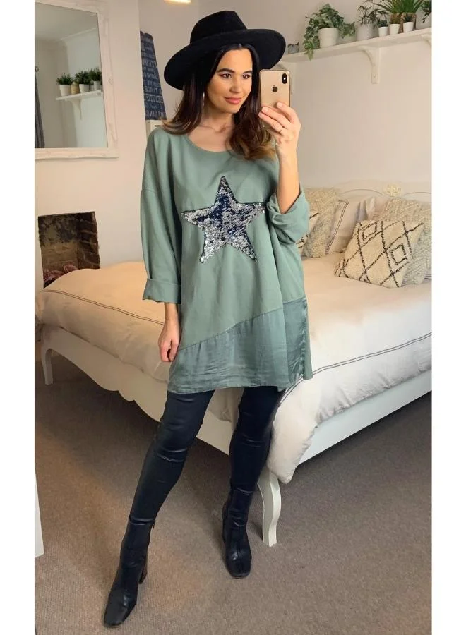 Hoxton Gal Oversized Top Featuring Sequin Star Print in Khaki