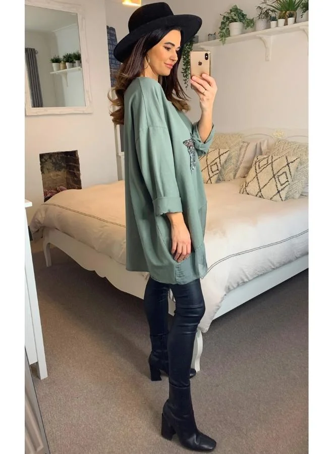 Hoxton Gal Oversized Top Featuring Sequin Star Print in Khaki