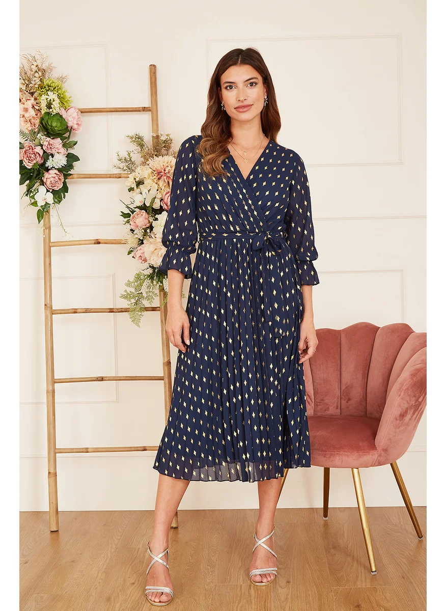 Yumi Foil Printed Pleated Wrap Midi Dress