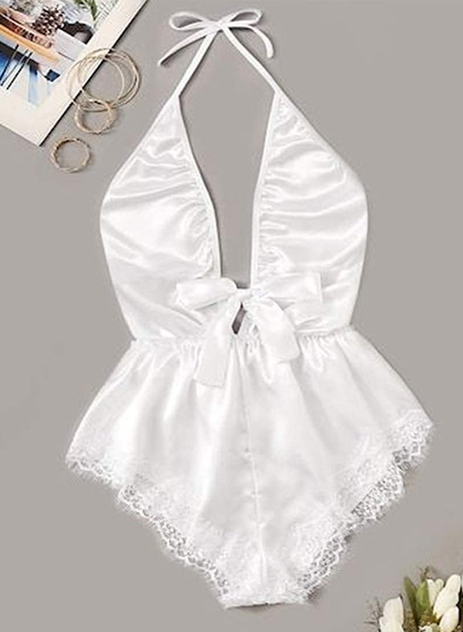 MARGOUN Women Small Size Stain Silk Underwear Deep V Neck Lingerie Fashion Ladies Sleepwear Bodysuit Teddy Lingerie Sleepwear White/S-Bust 84CM-Waist 64cm-hip 88cm - Image 1