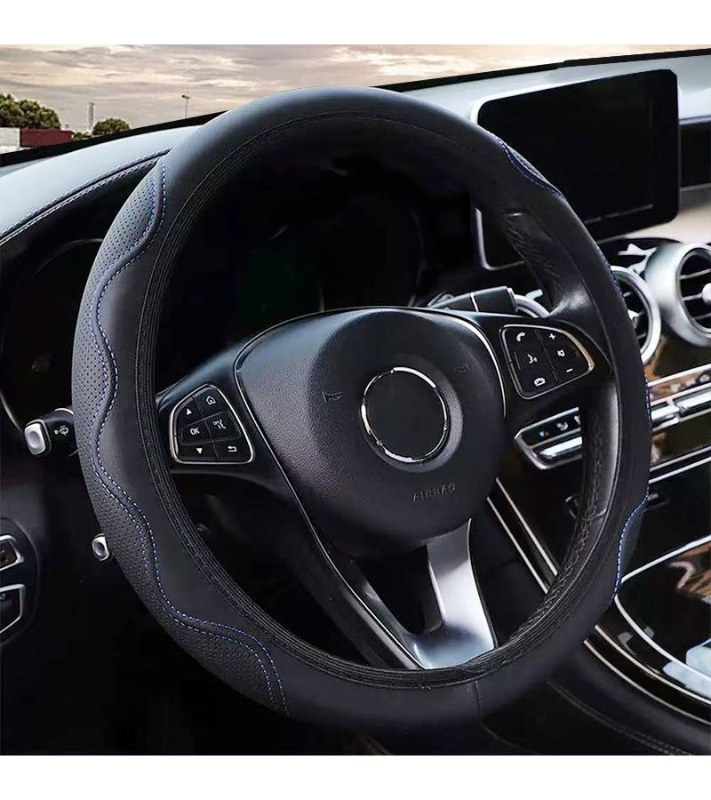 Black Line Wavy Texture Anti Slip Faux Leather Steering Wheel Cover Universal Fit - Image 4