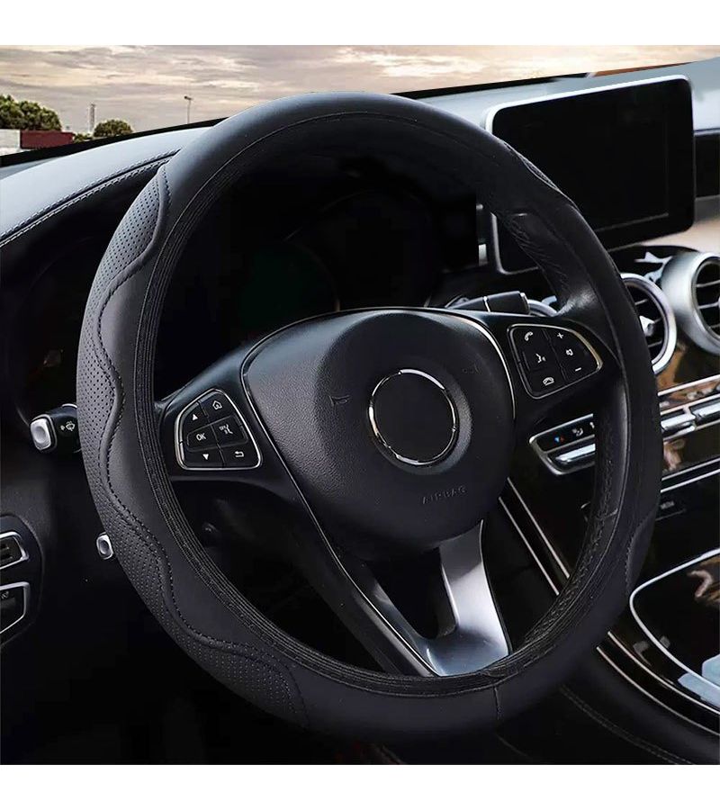 Black Line Wavy Texture Anti Slip Faux Leather Steering Wheel Cover Universal Fit - Image 5