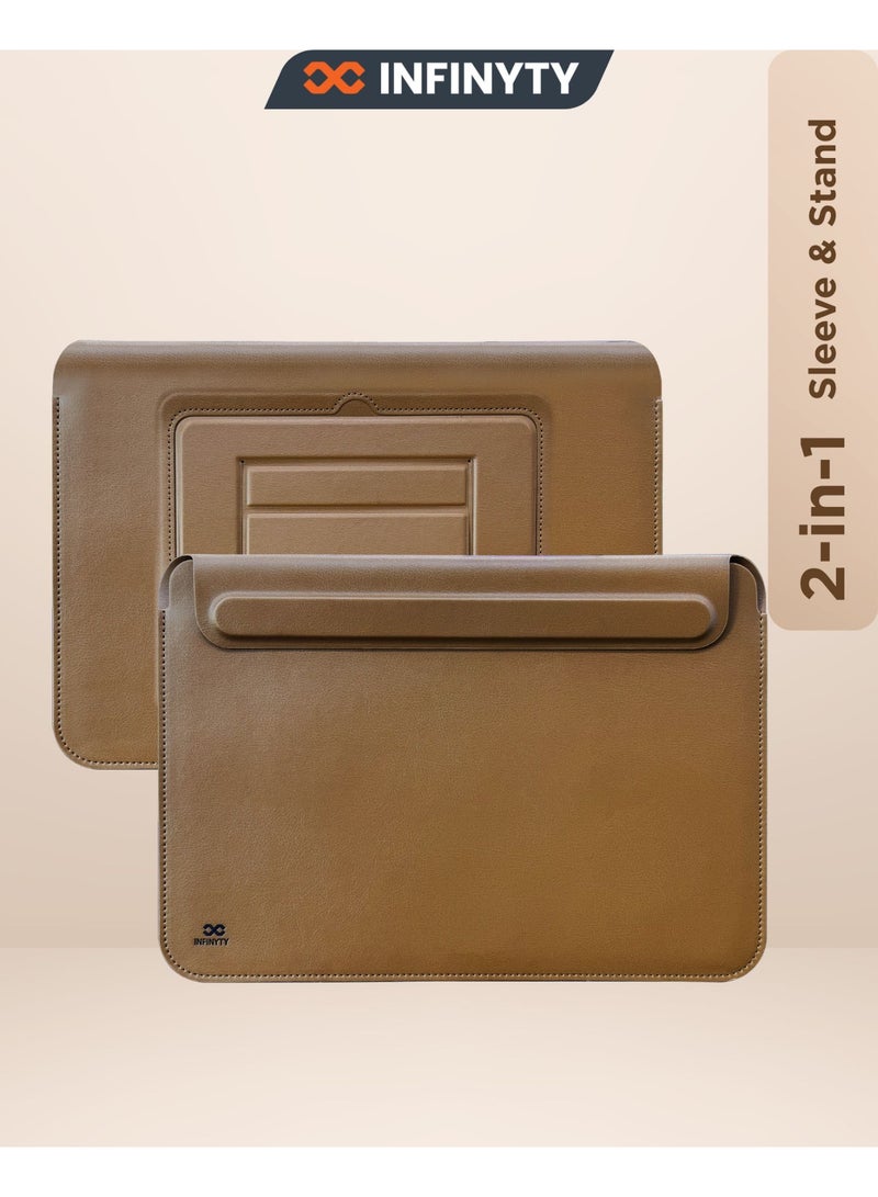 INFINYTY MacBook 13"/13.6" Leather Sleeve with Stand – Elevé (Brown), Compatible with All 13"/13.6" Laptops & Notebooks, Soft Leather, Slim Design, Magnetic Closure, Built-in Stand for Comfortable Viewing - Image 1