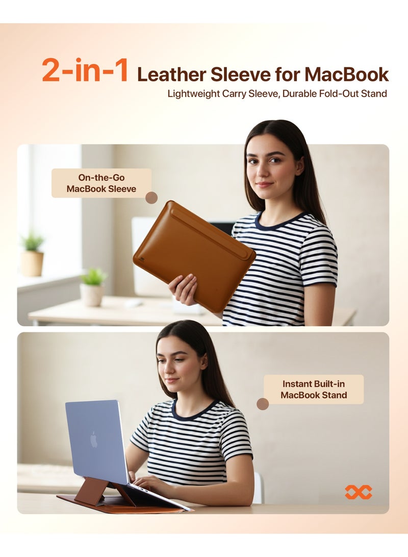 INFINYTY MacBook 13"/13.6" Leather Sleeve with Stand – Elevé (Brown), Compatible with All 13"/13.6" Laptops & Notebooks, Soft Leather, Slim Design, Magnetic Closure, Built-in Stand for Comfortable Viewing - Image 2