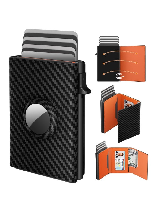 AirTag Wallet for Men Slim Wallet Minimalist Bifold Wallet for Apple Air Tag RFID Blocking Pop Up Card Case Premium Genuine Leather Carbon Fiber Smart Slim 9-14 Card Capacity A-carbon Black & Orange