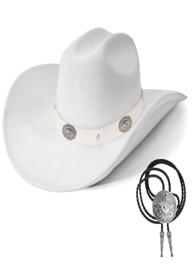 Foeran Western Cowboy Hat for Men Women,Shapeable Wide Brim Felt Fedora Classic Cowgirl Hats for Cowboys and Cowgirls,with bolo tie, White-a, L-XL - Image 1