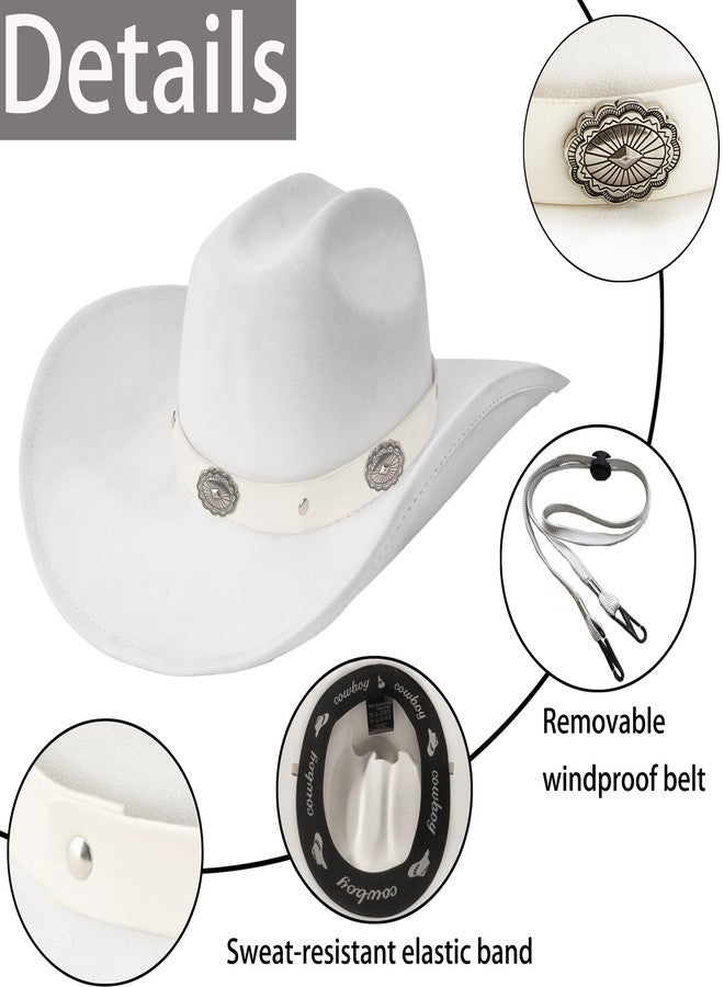 Foeran Western Cowboy Hat for Men Women,Shapeable Wide Brim Felt Fedora Classic Cowgirl Hats for Cowboys and Cowgirls,with bolo tie, White-a, L-XL - Image 2