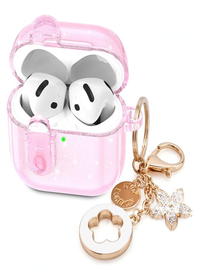 VISOOM (مع قفل أمان) غلاف شفاف VISOOM 2025 لسماعات Airpods و iPods 4 للنساء، غلاف لامع لسماعات Airpod و iPod 4، غلاف ناعم للجيل الرابع من سماعات Air Pods و iPods مع سلسلة مفاتيح لسماعات Apple Airpods4 الجيل - وردي - Image 1