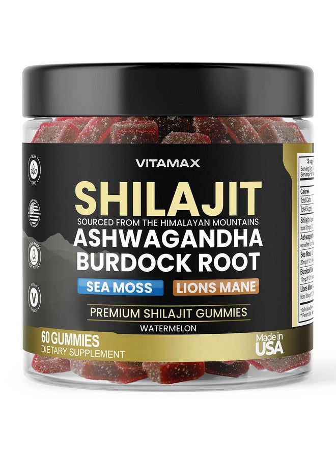 Vitamax - Organic Shilajit Gummies 1000mg, Sea Moss 400mg, Ashwagandha 1000mg, 105+ Trace Minerals - Organic Burdock Root & Lions Mane Mushroom - Watermelon Flavor - Vegan & Non-GMO - Made in USA - 60ct - Image 1