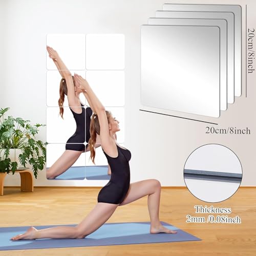 JUNEBRUSHS 4 Pack Self Adhesive Acrylic Mirror Tiles,Flexible Plastic Mirror Sheets Wall Stickers, 2MM Thick, 8 x 8 Inch, Small, Frameless Mirror (Unframed, Square, Transparent) - Image 2