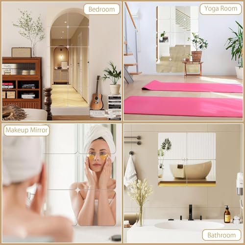 JUNEBRUSHS 4 Pack Self Adhesive Acrylic Mirror Tiles,Flexible Plastic Mirror Sheets Wall Stickers, 2MM Thick, 8 x 8 Inch, Small, Frameless Mirror (Unframed, Square, Transparent) - Image 4