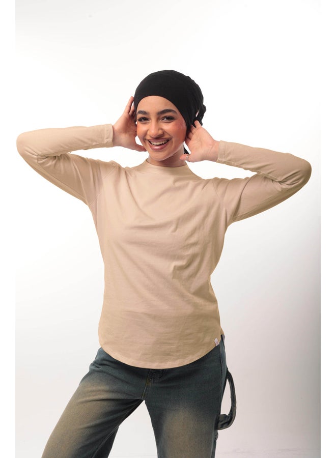 Breathe double layer short fit long sleeves basic t-shirt women-Dark Beige - Image 2