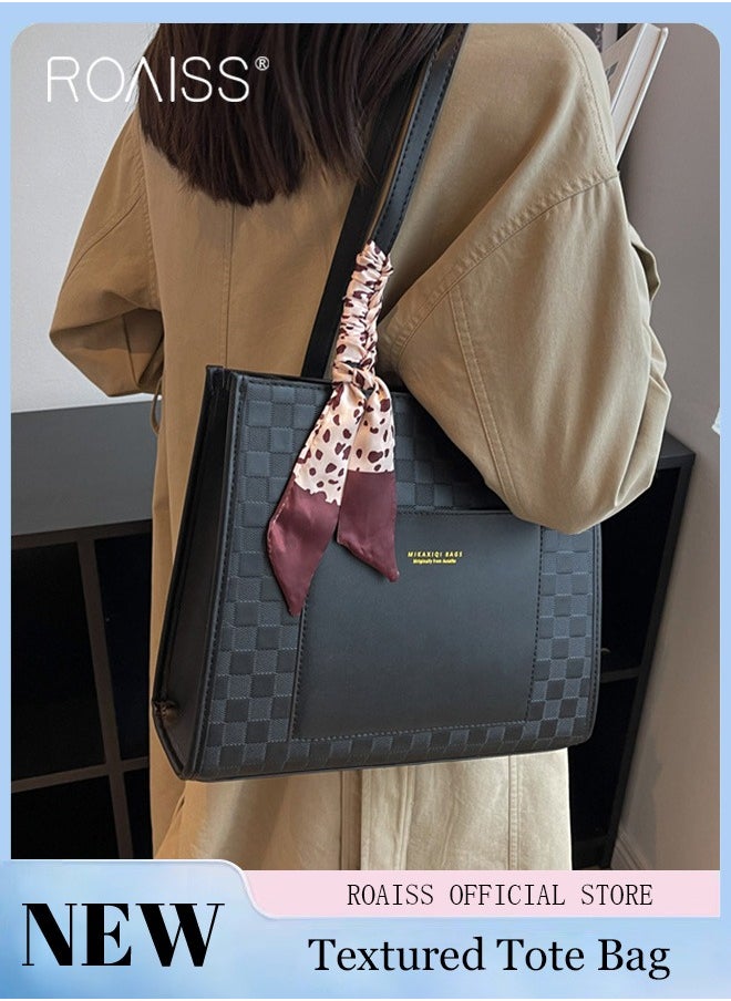 roaiss - Women Leather Two Tone Tote Bag Ladies Geometric & Letter Embossed Twilly Scarf Decor Shoulder Tote Bag Women's Large Capacity Commuter Shoulder Bag - Image 1