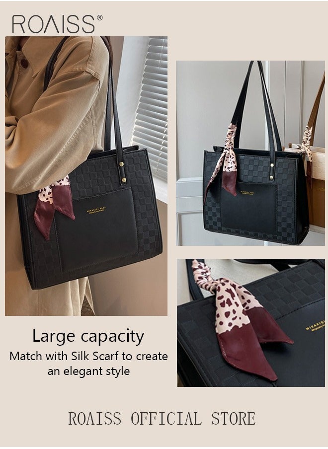 roaiss - Women Leather Two Tone Tote Bag Ladies Geometric & Letter Embossed Twilly Scarf Decor Shoulder Tote Bag Women's Large Capacity Commuter Shoulder Bag - Image 1