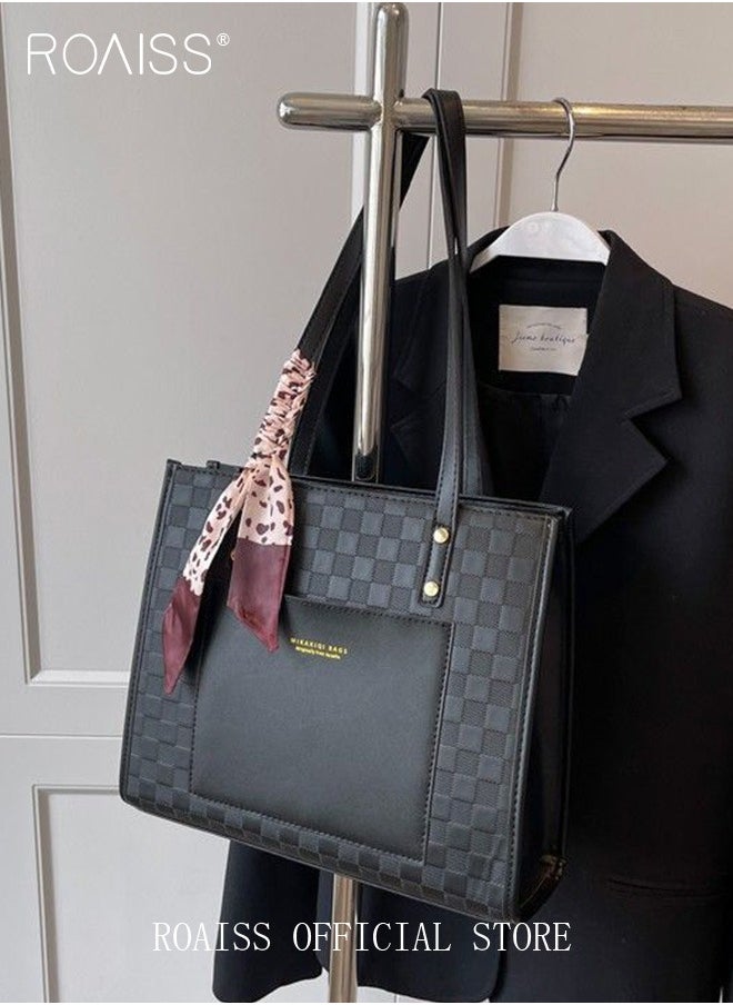 roaiss - Women Leather Two Tone Tote Bag Ladies Geometric & Letter Embossed Twilly Scarf Decor Shoulder Tote Bag Women's Large Capacity Commuter Shoulder Bag - Image 1