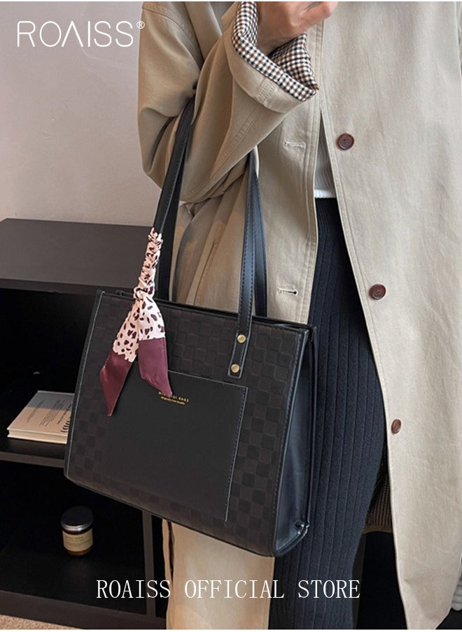 roaiss - Women Leather Two Tone Tote Bag Ladies Geometric & Letter Embossed Twilly Scarf Decor Shoulder Tote Bag Women's Large Capacity Commuter Shoulder Bag - Image 1