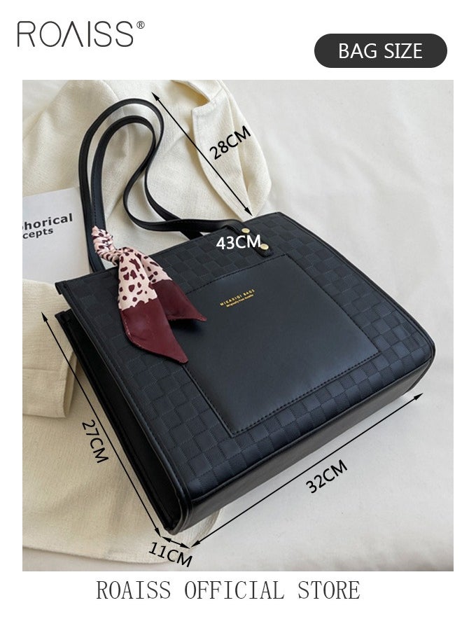 roaiss - Women Leather Two Tone Tote Bag Ladies Geometric & Letter Embossed Twilly Scarf Decor Shoulder Tote Bag Women's Large Capacity Commuter Shoulder Bag - Image 1