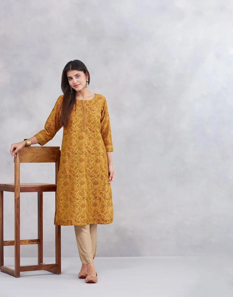 Fabindia Mustard Cotton Silk Hand Block Printed Long Kurta
