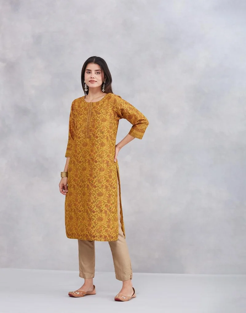 Fabindia Mustard Cotton Silk Hand Block Printed Long Kurta