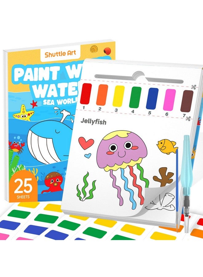 Shuttle Art Paint with Water Coloring Book for Kids, 25 Sea World Themed Pages with 2 Brushes, Mess-Free Watercolor Paint Set, Travel-Friendly Art Craft Gift for Toddlers, Birthday Christmas Gift - Image 1