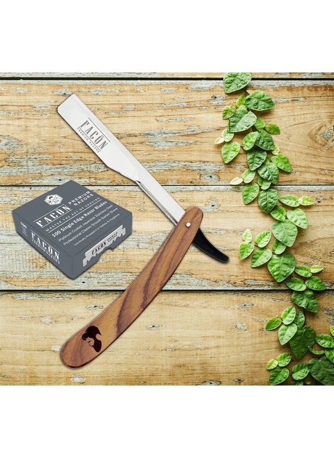 FACON - 100 BLADES + Facón Professional Wooden Straight Edge Barber Razor - Salon Quality Cut Throat Shavette - Image 1