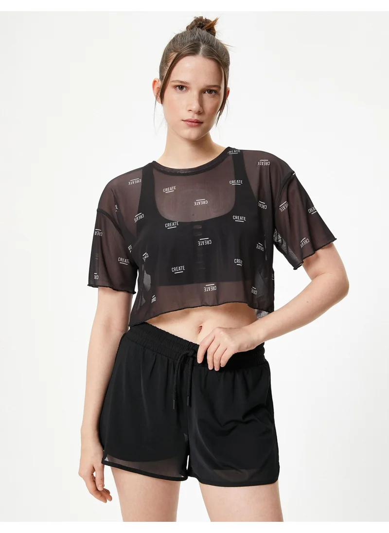 KOTON Tulle Sports T-Shirt Printed Short Sleeve Crew Neck