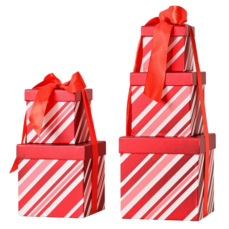 PAPER FAIR 5PCS Christmas Nesting Gift Boxes with Lid Xmas Nested Box Set 5 Sizes Square Stackable Red White Stripe Candy Cane Paper Box Tower Dcor with Satin Ribbon for Holiday Thanksgiving New