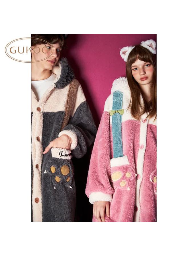 Gukoo (gukoo) Couple's Robe, Women's Autumn And Winter Sleepwear, Mary Cat Coral Fleece Bathrobe, Men's Loungewear, Mary Cat Women's Robe, Size S - Image 3