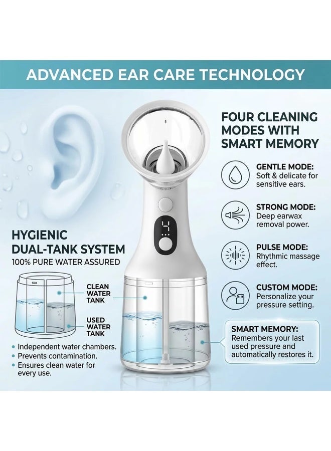 BlueFire Electric Ear Wax Removal Device, Automatic Ear Cleaner with 4 Cleaning Modes, Dual Water Tank Ear Irrigation System, USB-C Rechargeable Ear Wax Remover with LED Display, IPX7 Waterproof, 1000mAh Battery, Quiet Water Flushing Ear Cleaning Kit for Adults & Kids, Home & Travel Use, White - Image 3
