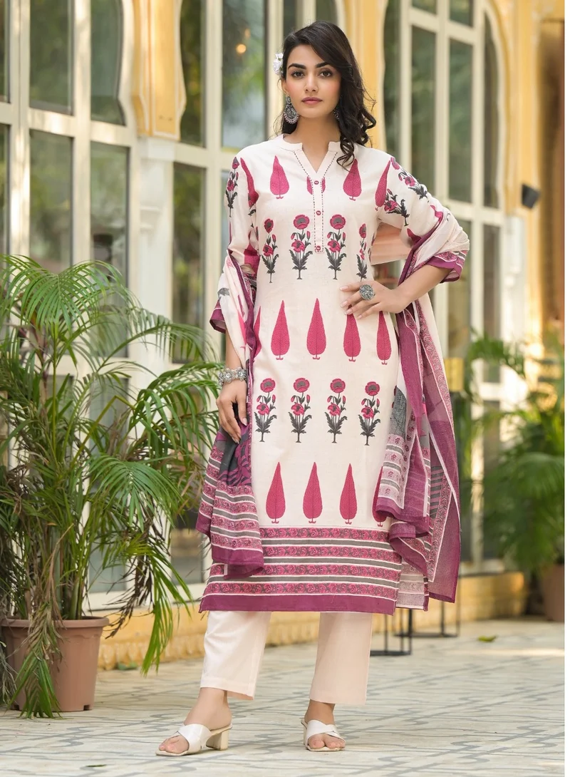 باناش برييا طقم كورتا وبنطلون وشال من قماش القطن الفاخر باللون الأبيض | زي هندي للنساء | زي تقليدي سالوار كاميز كورتا مع بنطلون وشال | طقم كورتا عرقي جاهز للارتداء