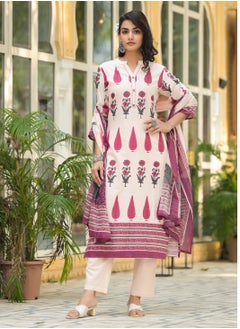 PRIYA’S PANACHE Pure Cotton Flex Kurta Pant Dupatta Set White Colour | Indian Dress for Women | Traditional Dress Salwar Kameez Kurti Pant Dupatta Set | Ready to Wear Ethnic Kurta Set  - Image 1