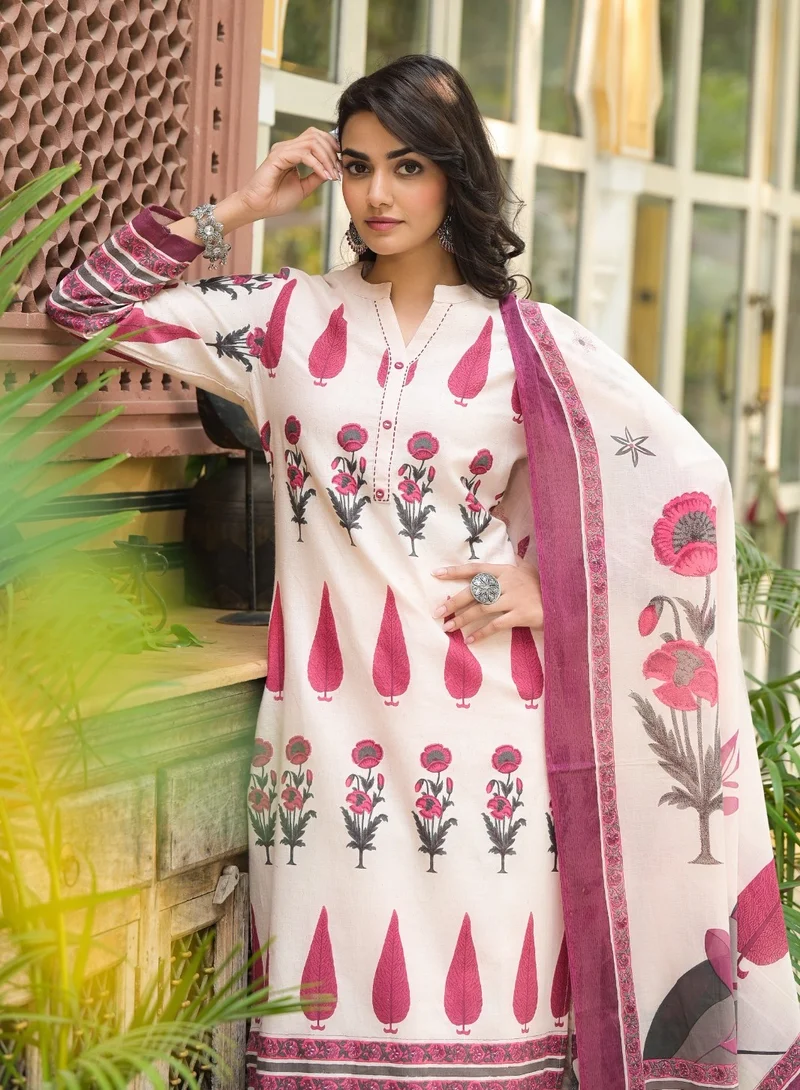 باناش برييا طقم كورتا وبنطلون وشال من قماش القطن الفاخر باللون الأبيض | زي هندي للنساء | زي تقليدي سالوار كاميز كورتا مع بنطلون وشال | طقم كورتا عرقي جاهز للارتداء