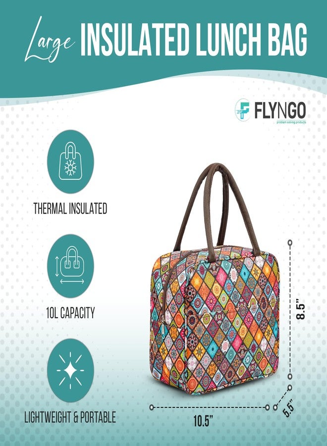 فلاينجو حقيبة غداء كبيرة معزولة من FLYNGO للمكتب والمدرسة، للنساء والرجال، حقيبة تيفين، حقائب غداء ساخنة وباردة للأولاد والبنات (برتقالي ماندالا) - Image 2