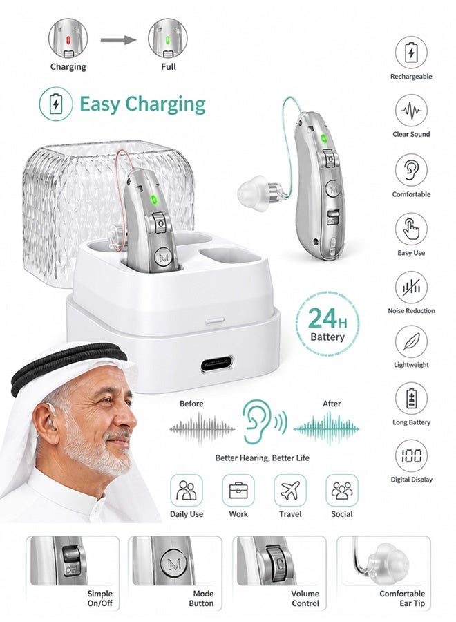 Urit Rechargeable Hearing Aids, Invisible Behind The Ear Hearing Amplifiers, Magnetic Assistive Listening Devices for Adults and Seniors with Noise Cancelling (Silver) - Image 1