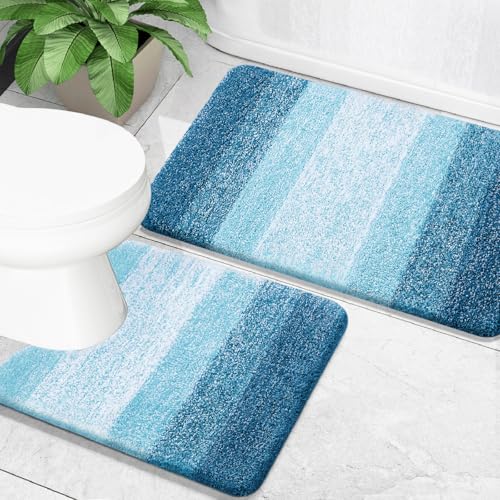 OLANLY Bathroom Rug Set 2 Piece, Soft Absorbent Microfiber Bath Mats and U-Shaped Contour Toilet Rug, Non-Slip, Machine Wash Dry, Plush Shaggy Bath Mats for Bathroom (24"x16"+24"x20", Peacock Blue) - Image 1