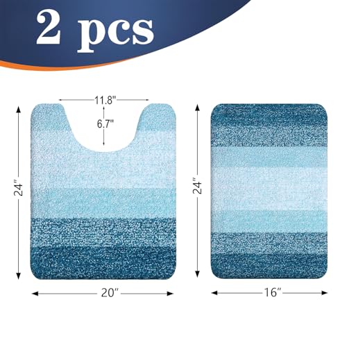 OLANLY Bathroom Rug Set 2 Piece, Soft Absorbent Microfiber Bath Mats and U-Shaped Contour Toilet Rug, Non-Slip, Machine Wash Dry, Plush Shaggy Bath Mats for Bathroom (24"x16"+24"x20", Peacock Blue) - Image 2