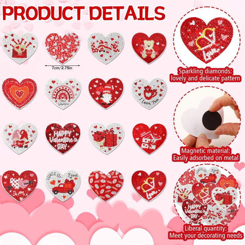 JULMELON 16pcs Valentine Heart Diamond Art Magnet Kits, Diamond Art Magnets for Valentine's Day Crafts 7cm Acrylic Painting Fridge Magnets for Adults Decor - Image 3
