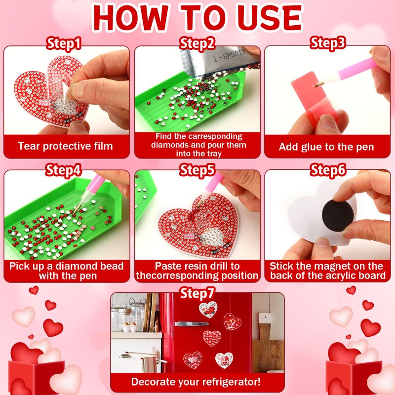 JULMELON 16pcs Valentine Heart Diamond Art Magnet Kits, Diamond Art Magnets for Valentine's Day Crafts 7cm Acrylic Painting Fridge Magnets for Adults Decor - Image 5
