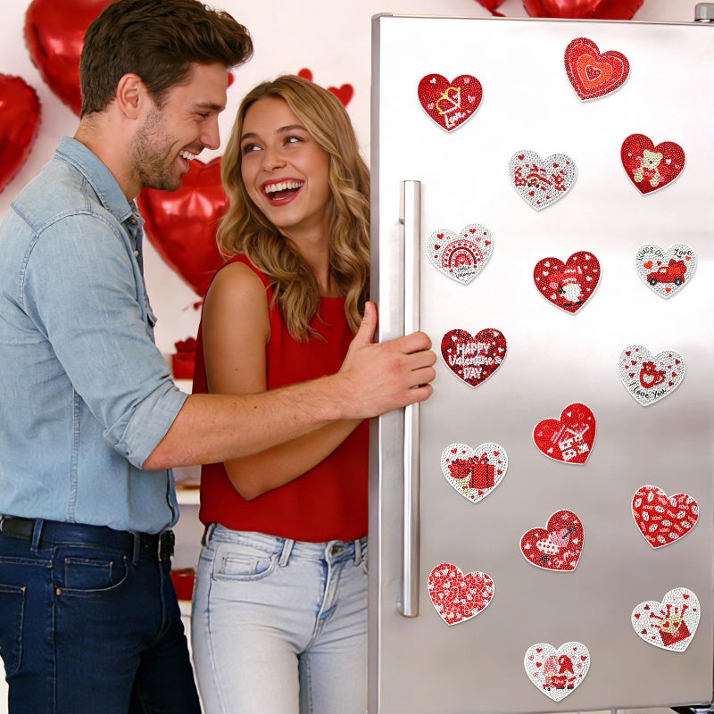 JULMELON 16pcs Valentine Heart Diamond Art Magnet Kits, Diamond Art Magnets for Valentine's Day Crafts 7cm Acrylic Painting Fridge Magnets for Adults Decor - Image 2