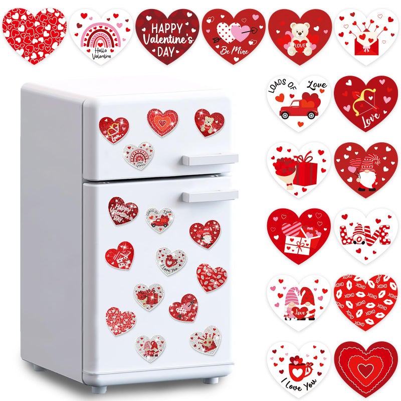 JULMELON 16pcs Valentine Heart Diamond Art Magnet Kits, Diamond Art Magnets for Valentine's Day Crafts 7cm Acrylic Painting Fridge Magnets for Adults Decor - Image 1