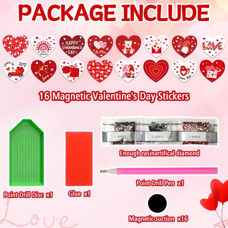 JULMELON 16pcs Valentine Heart Diamond Art Magnet Kits, Diamond Art Magnets for Valentine's Day Crafts 7cm Acrylic Painting Fridge Magnets for Adults Decor - Image 4