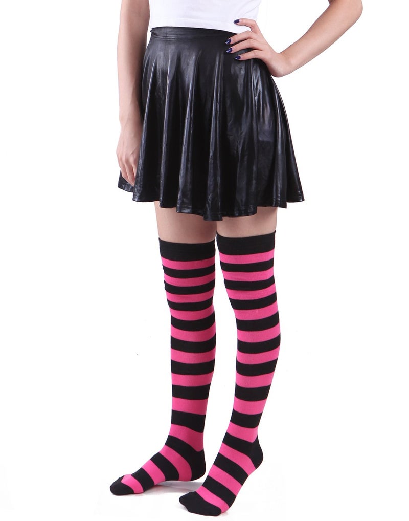 HDE Women’s Extra Long Striped Socks Over Knee High Opaque Stockings (Black & Pink) - Image 3