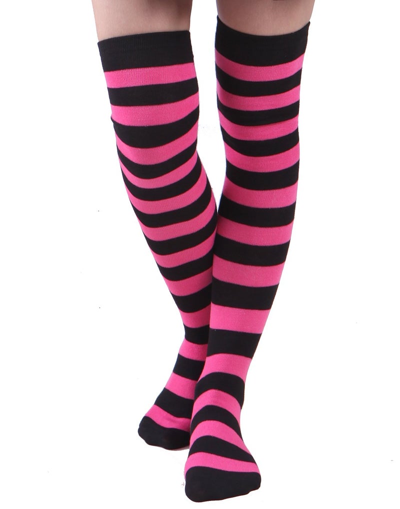HDE Women’s Extra Long Striped Socks Over Knee High Opaque Stockings (Black & Pink) - Image 1