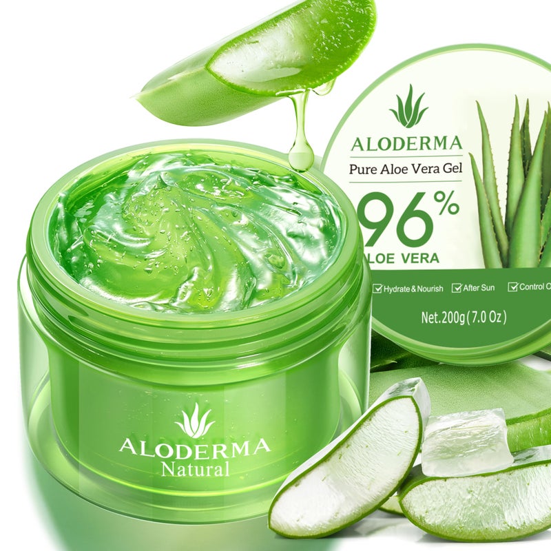 Aloderma Organic Aloe Vera Gel for Face & Body, 96% Pure Aloe Gel Made within 12 Hours of Harvest, Ideal for Skin, Scalp, & Hair Hydration, Calming Moisturizer for After Sun Exposure & Sunburns, 7oz