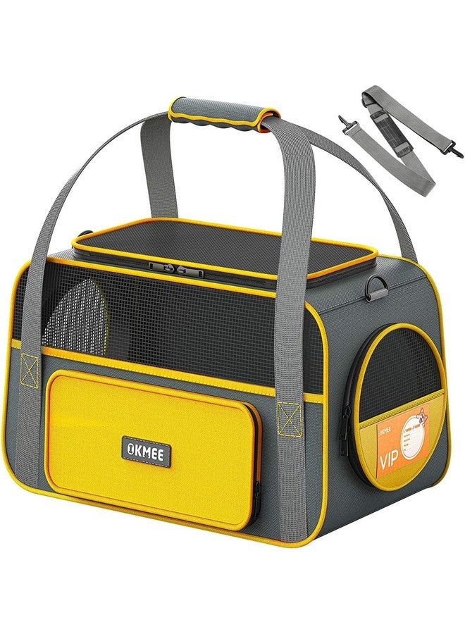 OKMEE Soft Pet Carrier for Small Medium Cats Dogs Puppies, Cat Carrier with Big Space, 5 Mesh Windows, 3 Doors, Airline Approved, Escape-Proof, Breathable, Leak-Proof, Easy Storage, Grey Orange