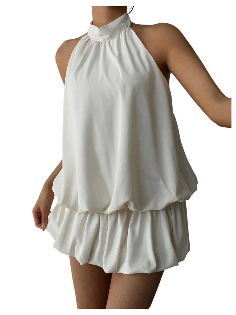 SweatyRocks Women's Y2k Backless Ruffle Bubble Going Out Self Tie Halter Mini Dress Apricot Medium - Image 1