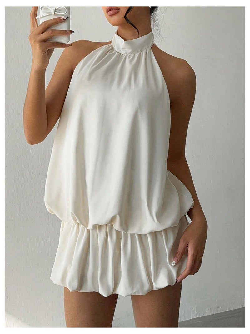 SweatyRocks Women's Y2k Backless Ruffle Bubble Going Out Self Tie Halter Mini Dress Apricot Medium - Image 5