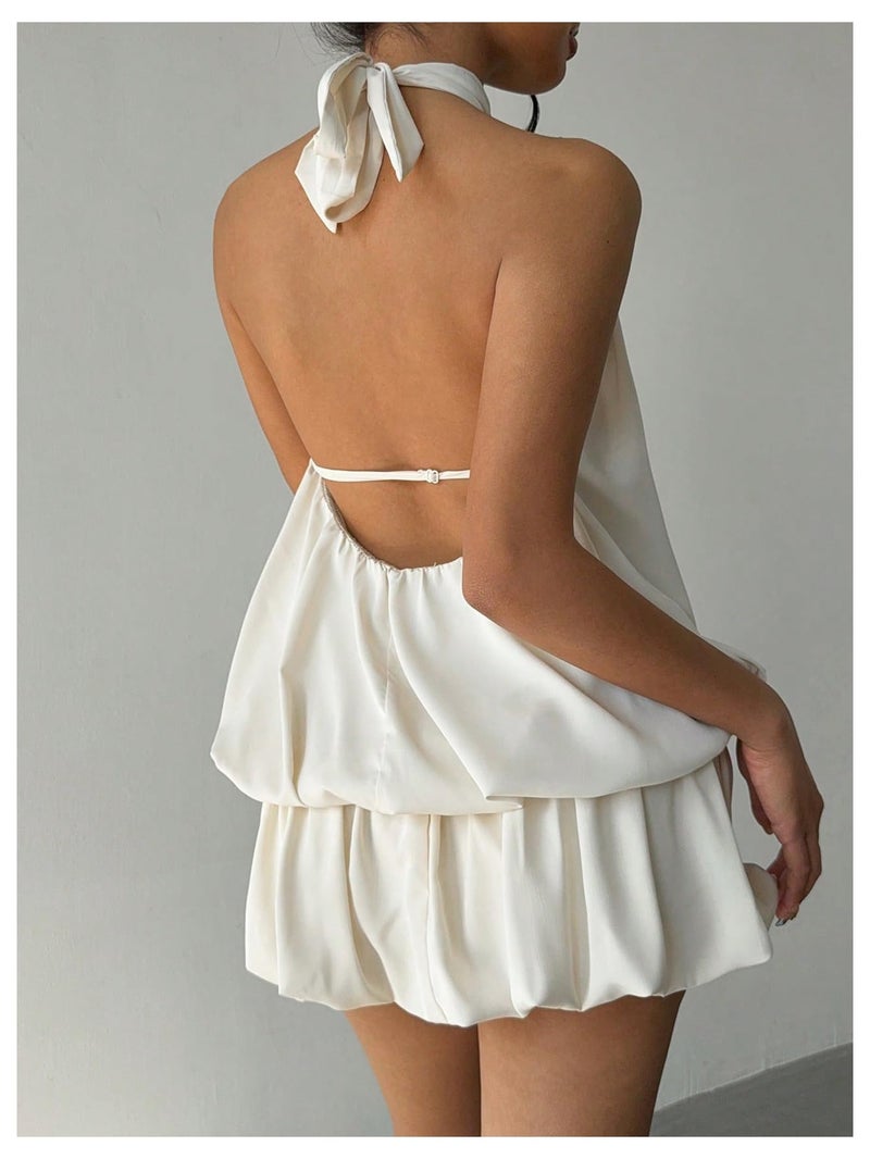 SweatyRocks Women's Y2k Backless Ruffle Bubble Going Out Self Tie Halter Mini Dress Apricot Medium - Image 2